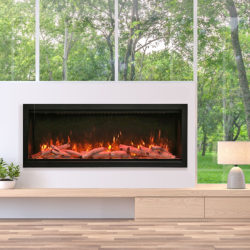 Empty television screen with nature view 3d render.There are wood floor,wood shelf and white wall. There is a clipping path to the tv screen.